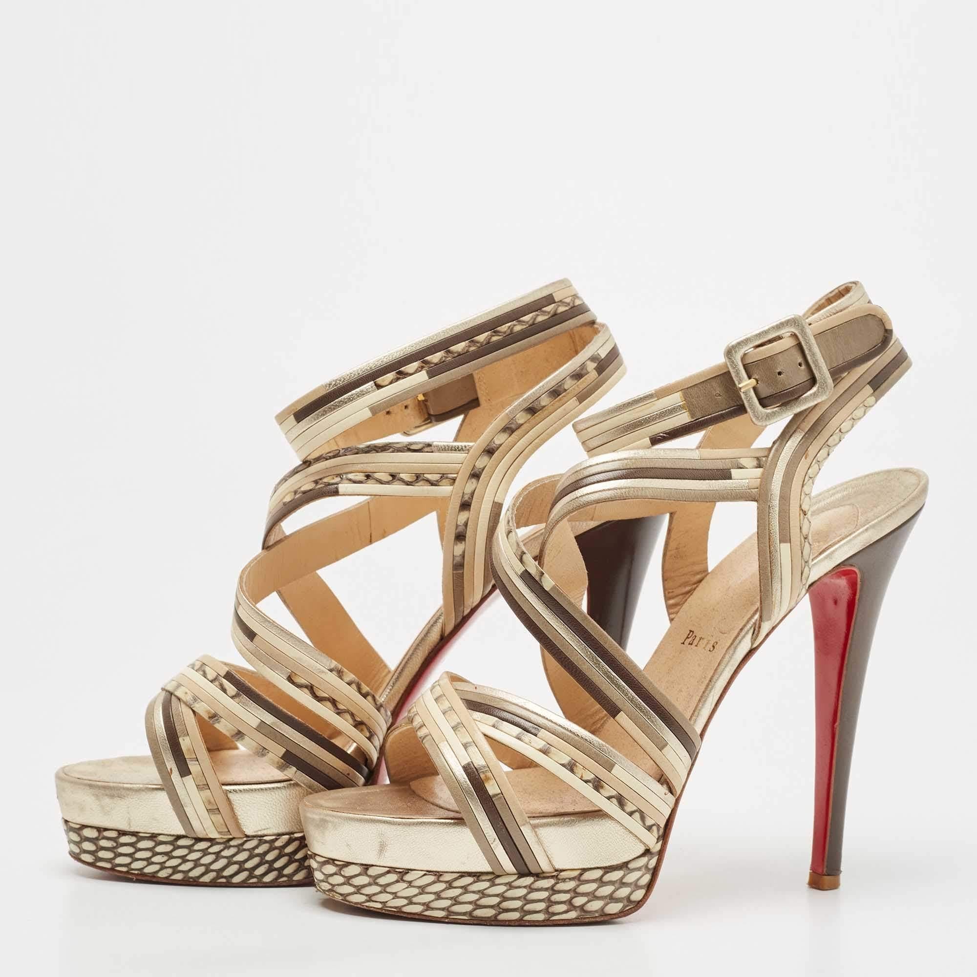 Christian Louboutin Brown/Beige Leather Strappy Platform Sandals Size 38.5 1