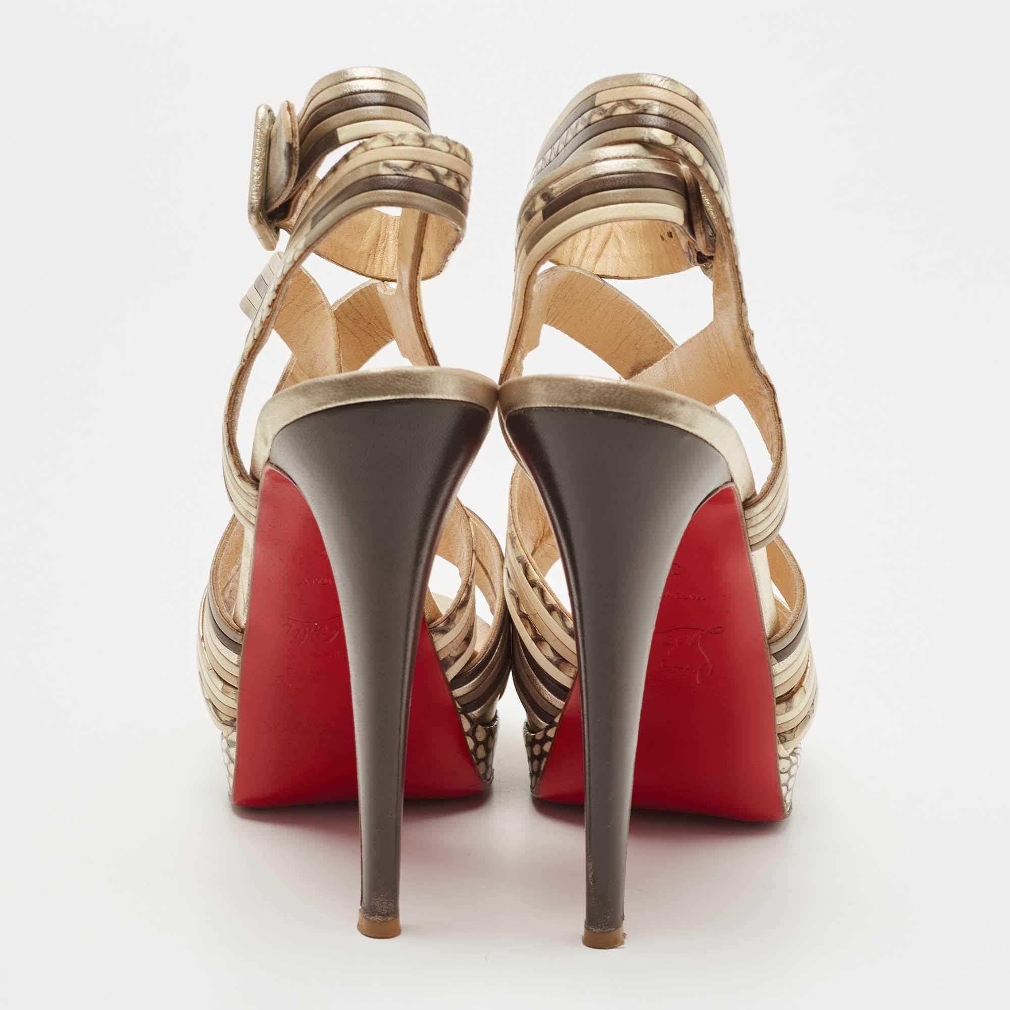 Christian Louboutin Brown/Beige Leather Strappy Platform Sandals Size 38.5 2