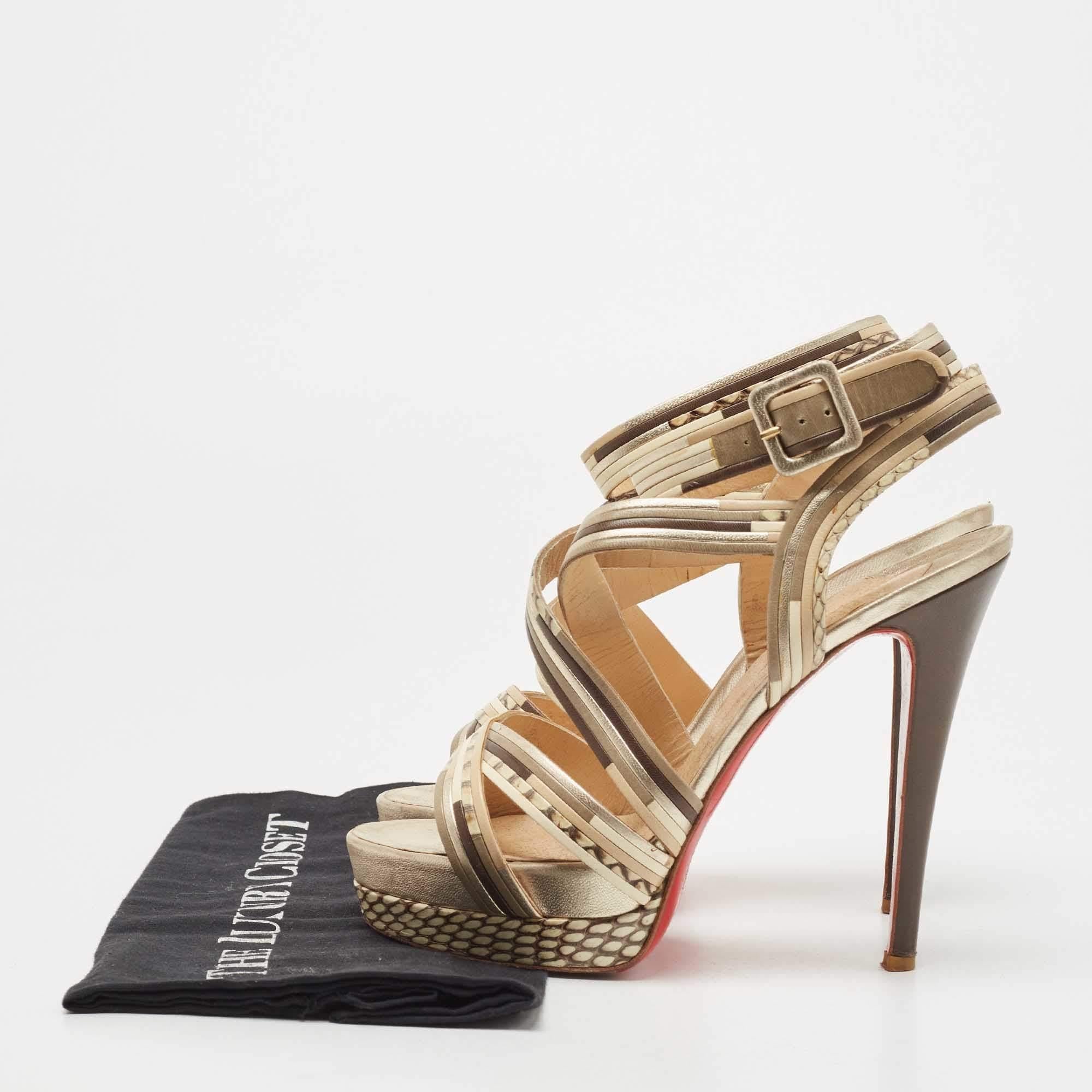 Christian Louboutin Brown/Beige Leather Strappy Platform Sandals Size 38.5 5
