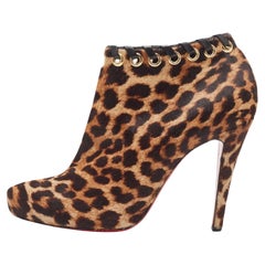 Christian Louboutin Brown/Beige Leopard Print Calf Hair Ankle Booties Size 38.5