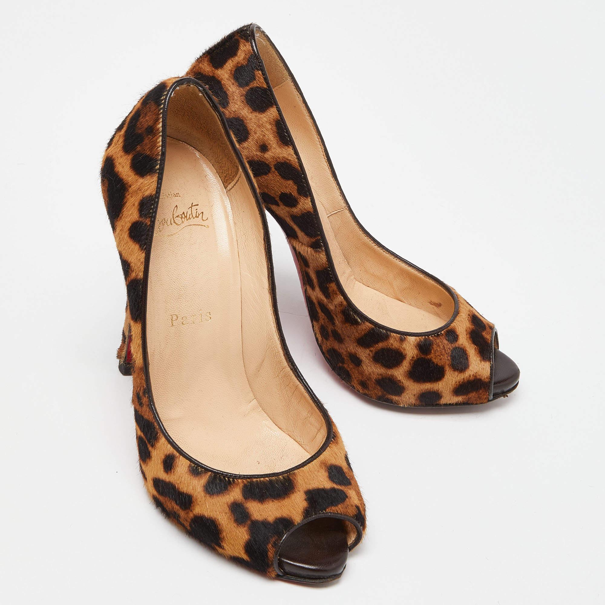 Women's Christian Louboutin Brown/Beige Leopard Print Calf Hair Flo Pumps Size 35.5