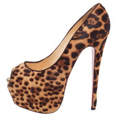 Christian Louboutin Brown/Beige Leopard Print Calf Hair Highness Pumps Size 39