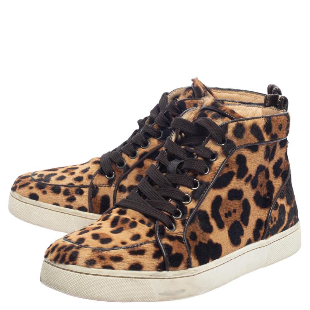 Women's Christian Louboutin Brown/Beige Pony Hair Rantus Orlato High Top Sneakers Size 3