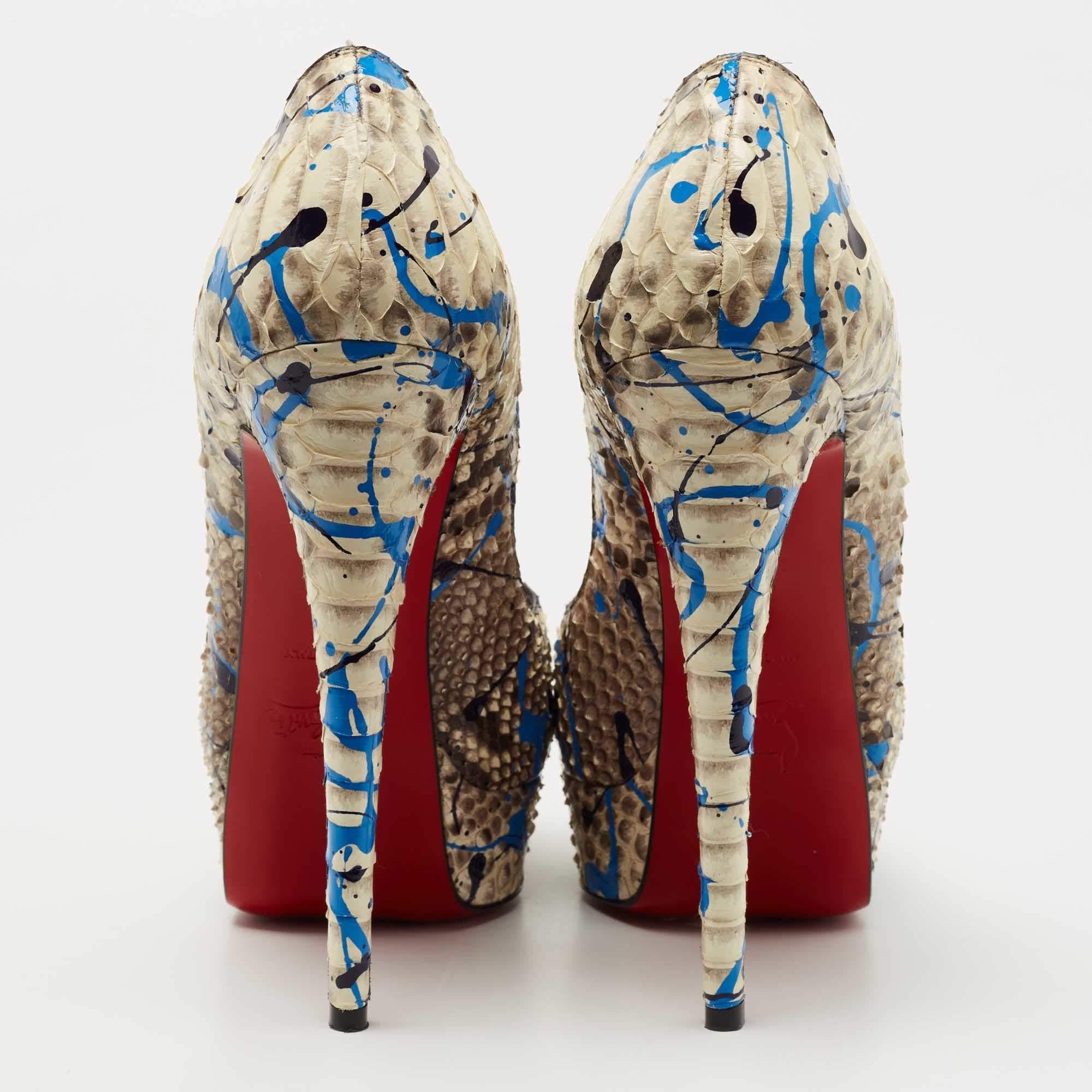 Christian Louboutin Brown/Beige Python Paint Splatter Lady Peep Pumps Size 37 1