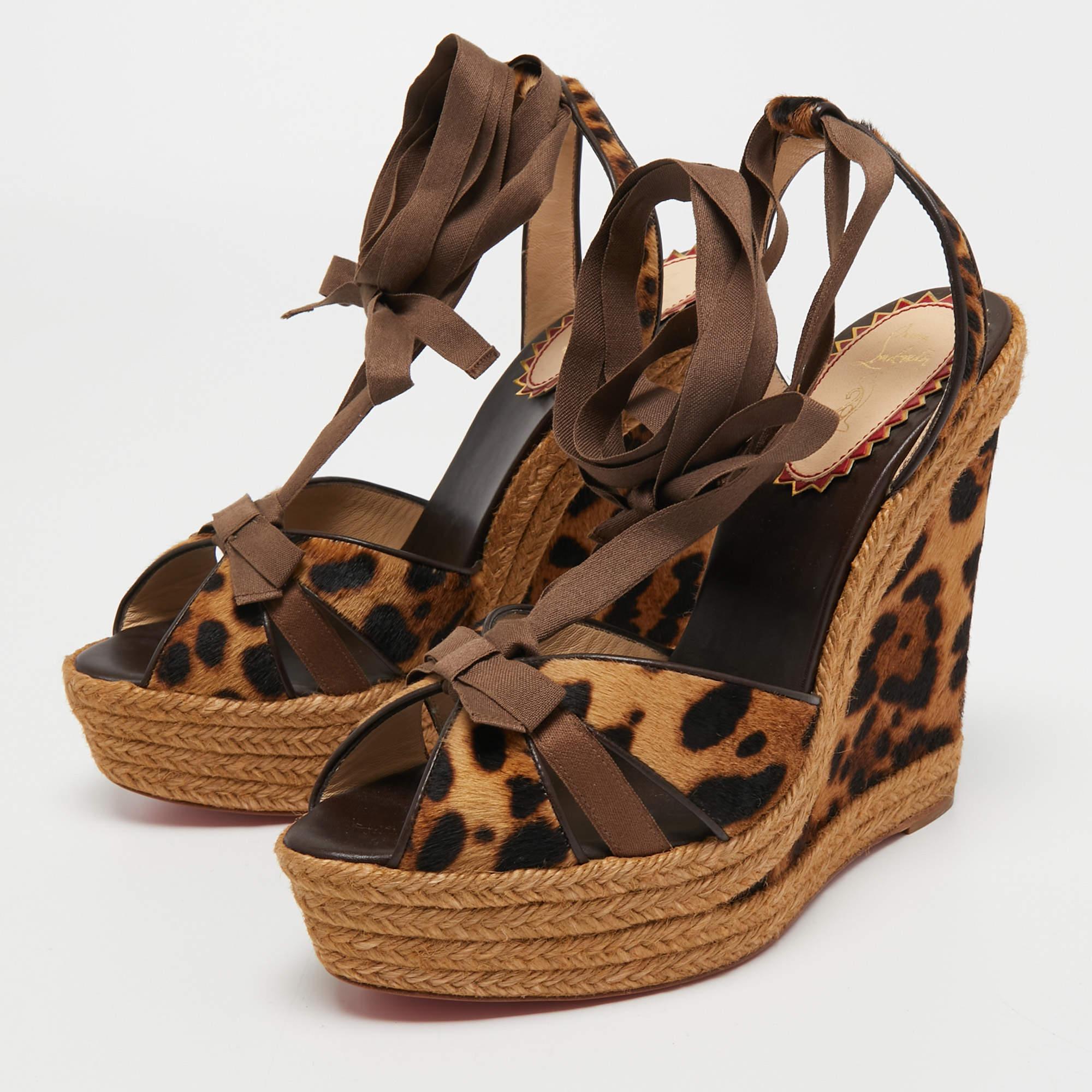 Women's Christian Louboutin Brown/Black Calf Hair and Fabric Isabelle Wedge Size 41