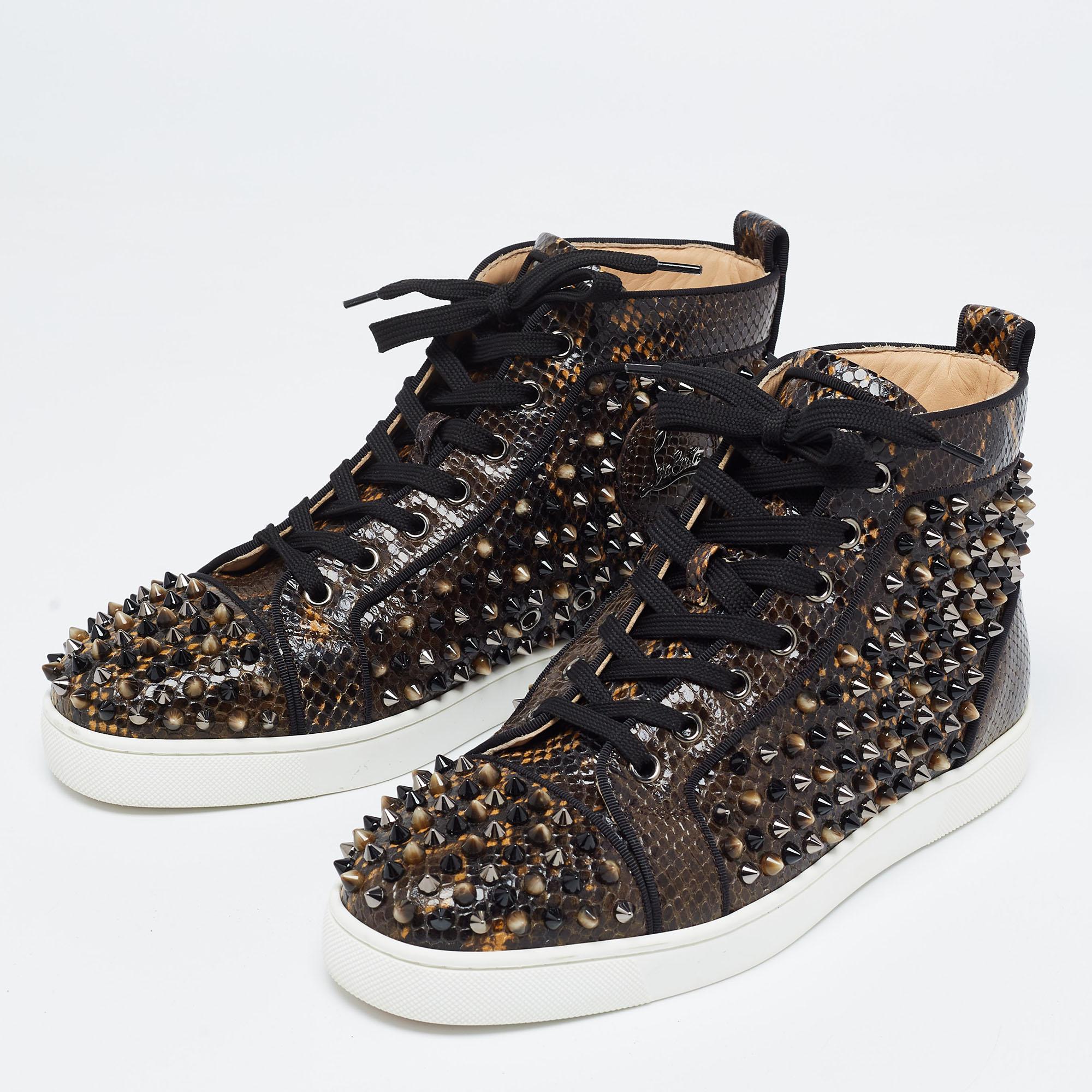 Christian Louboutin Brown/Black Embossed Snakeskin Louis Spikes High Top Sneaker In Excellent Condition For Sale In Dubai, Al Qouz 2