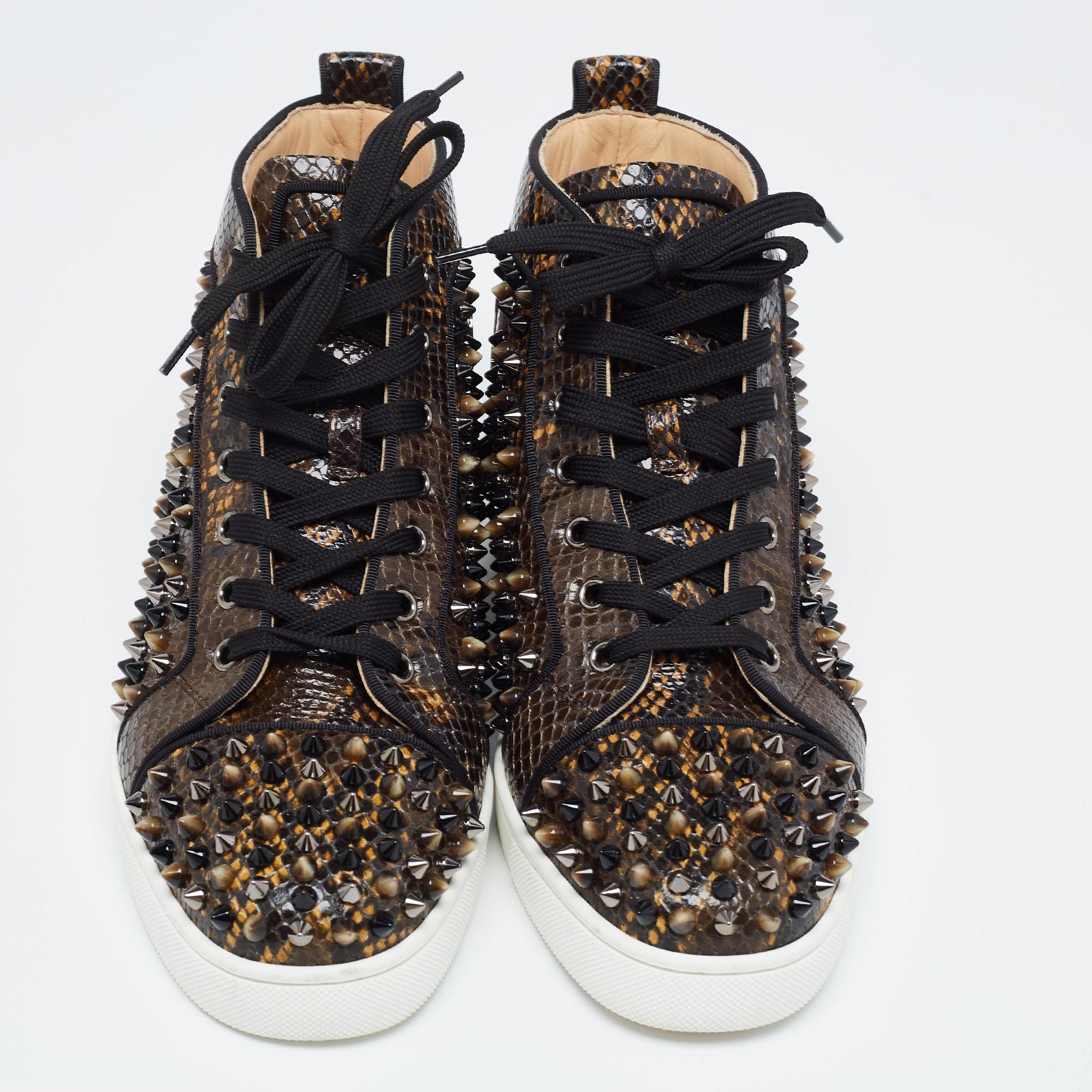 Christian Louboutin Brown/Black Embossed Snakeskin Louis Spikes High Top Sneaker In New Condition For Sale In Dubai, Al Qouz 2