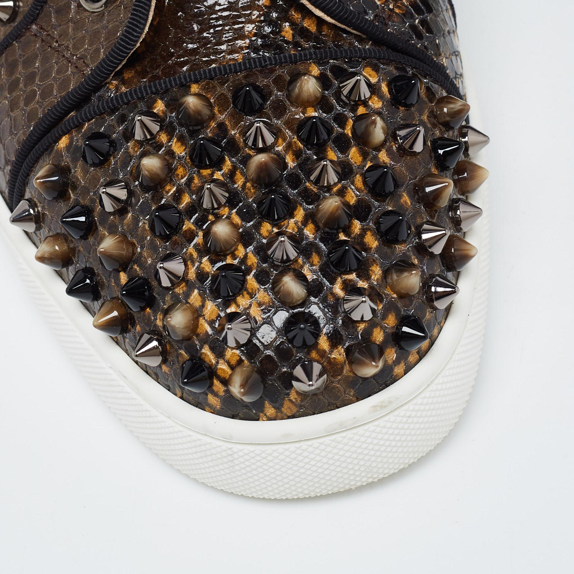 Christian Louboutin Brown/Black Embossed Snakeskin Louis Spikes High Top Sneaker For Sale 1