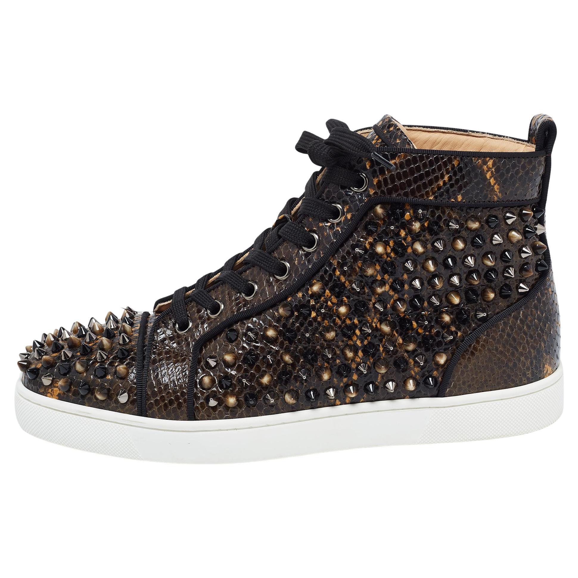 Christian Louboutin Brown/Black Embossed Snakeskin Louis Spikes High Top Sneaker For Sale