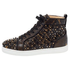 Christian Louboutin Brown/Black Embossed Snakeskin Louis Spikes High Top Sneaker