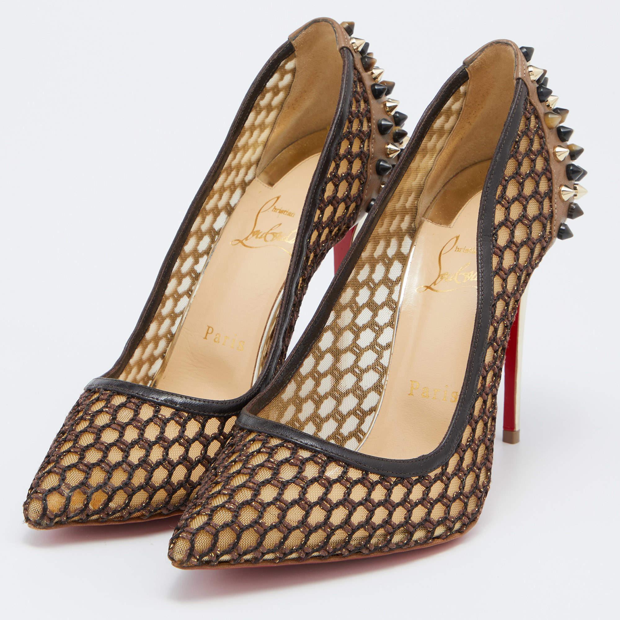 Women's Christian Louboutin Brown/Black Leather and Mesh Pointed Toe Pumps Size 38.5