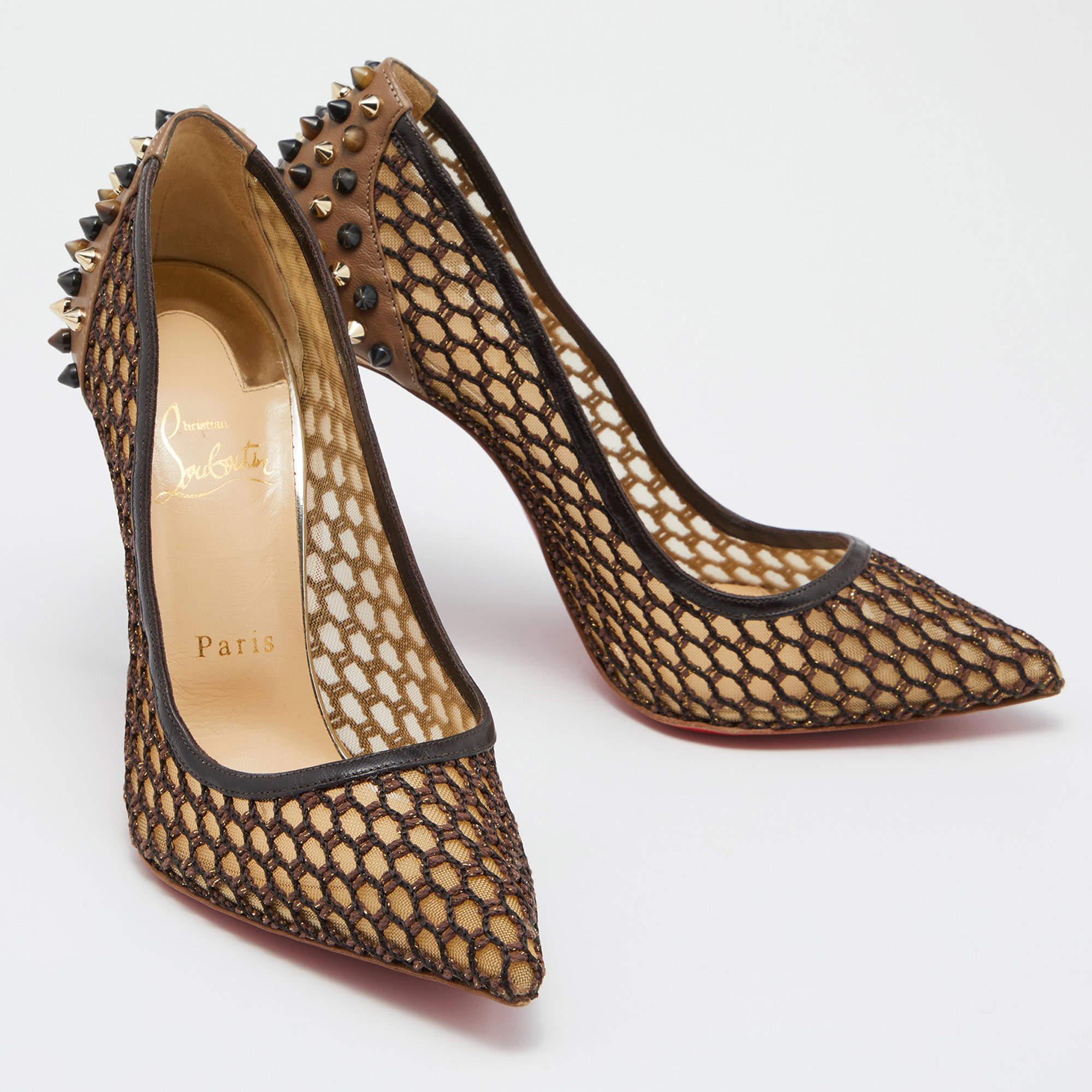 Christian Louboutin Brown/Black Leather and Mesh Pointed Toe Pumps Size 38.5 1