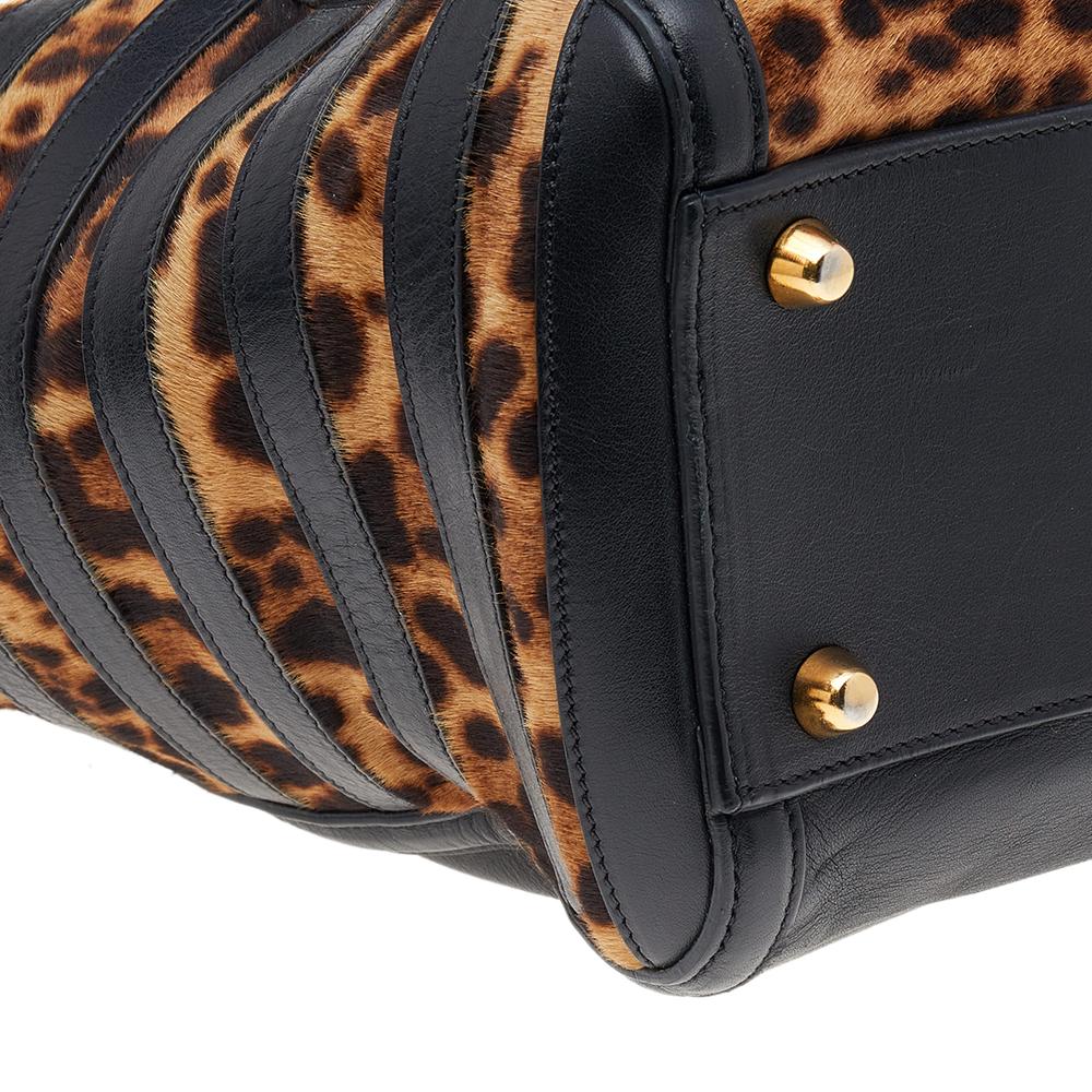 Christian Louboutin Brown/Black Leopard Print Calf Hair and Leather Satchel In Good Condition In Dubai, Al Qouz 2