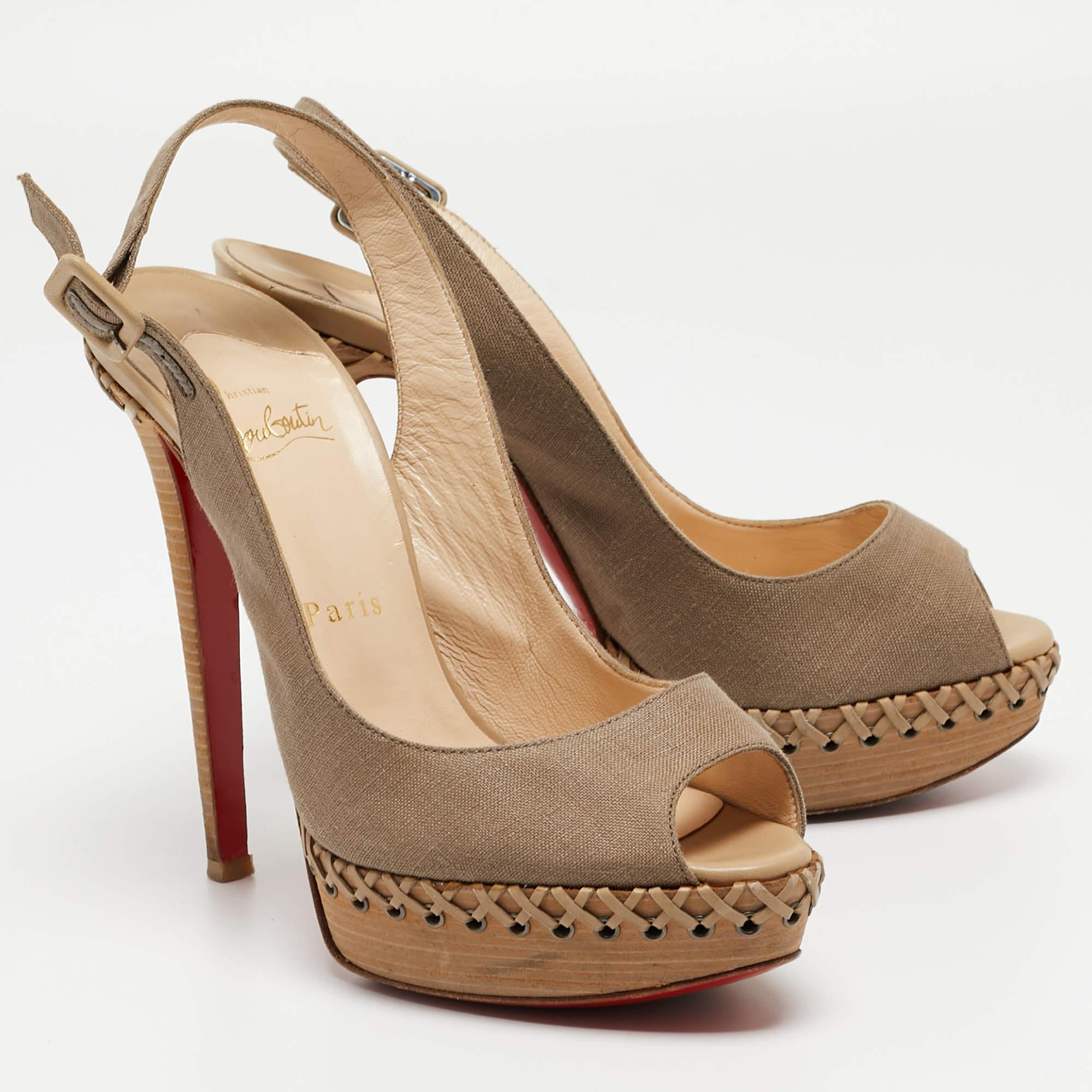 Christian Louboutin Brown Canvas Indiana Slingback Sandals Size 38 In Good Condition For Sale In Dubai, Al Qouz 2