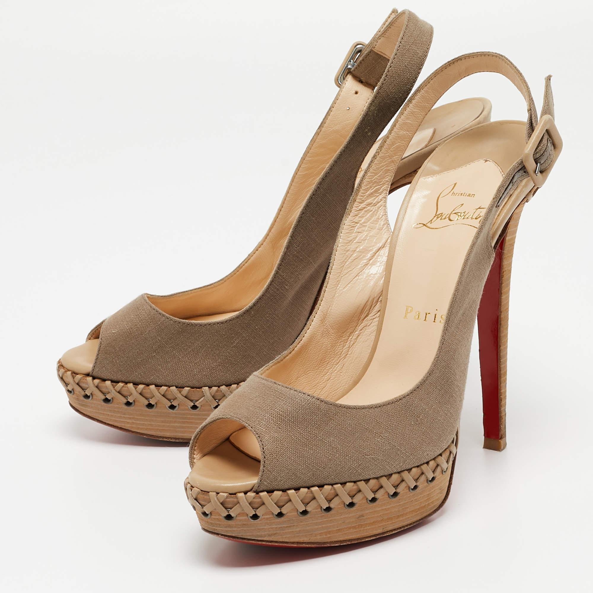 Christian Louboutin Brown Canvas Indiana Slingback Sandals Size 38 For Sale 3