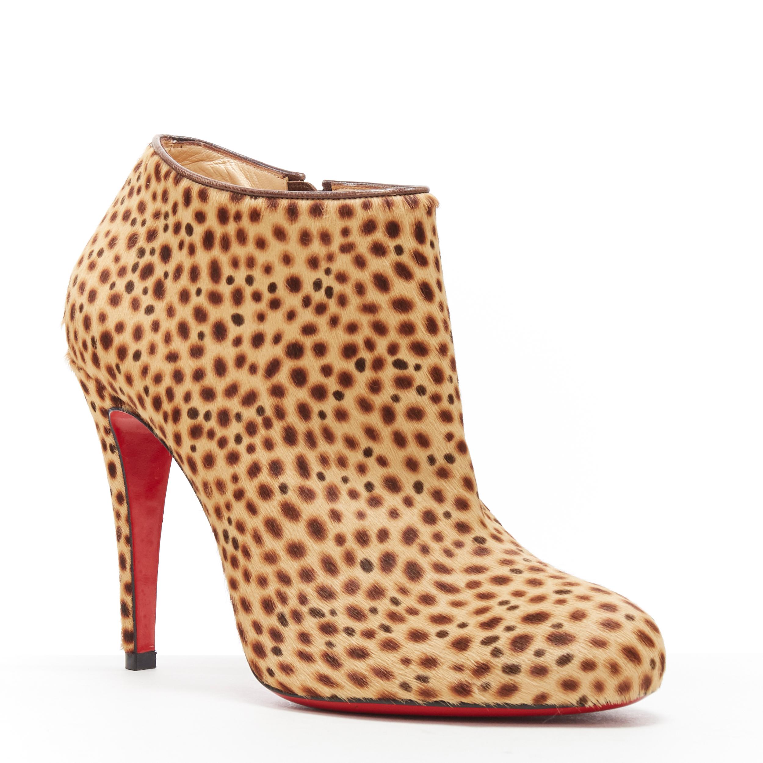 CHRISTIAN LOUBOUTIN brown cheetah spot print round toe heeled ankle bootie EU38
Brand: Christian Louboutin
Designer: Christian Louboutin
Model Name / Style: Ankle boot
Material: Leather; pony hair
Color: Brown
Pattern: Animal Print
Closure: