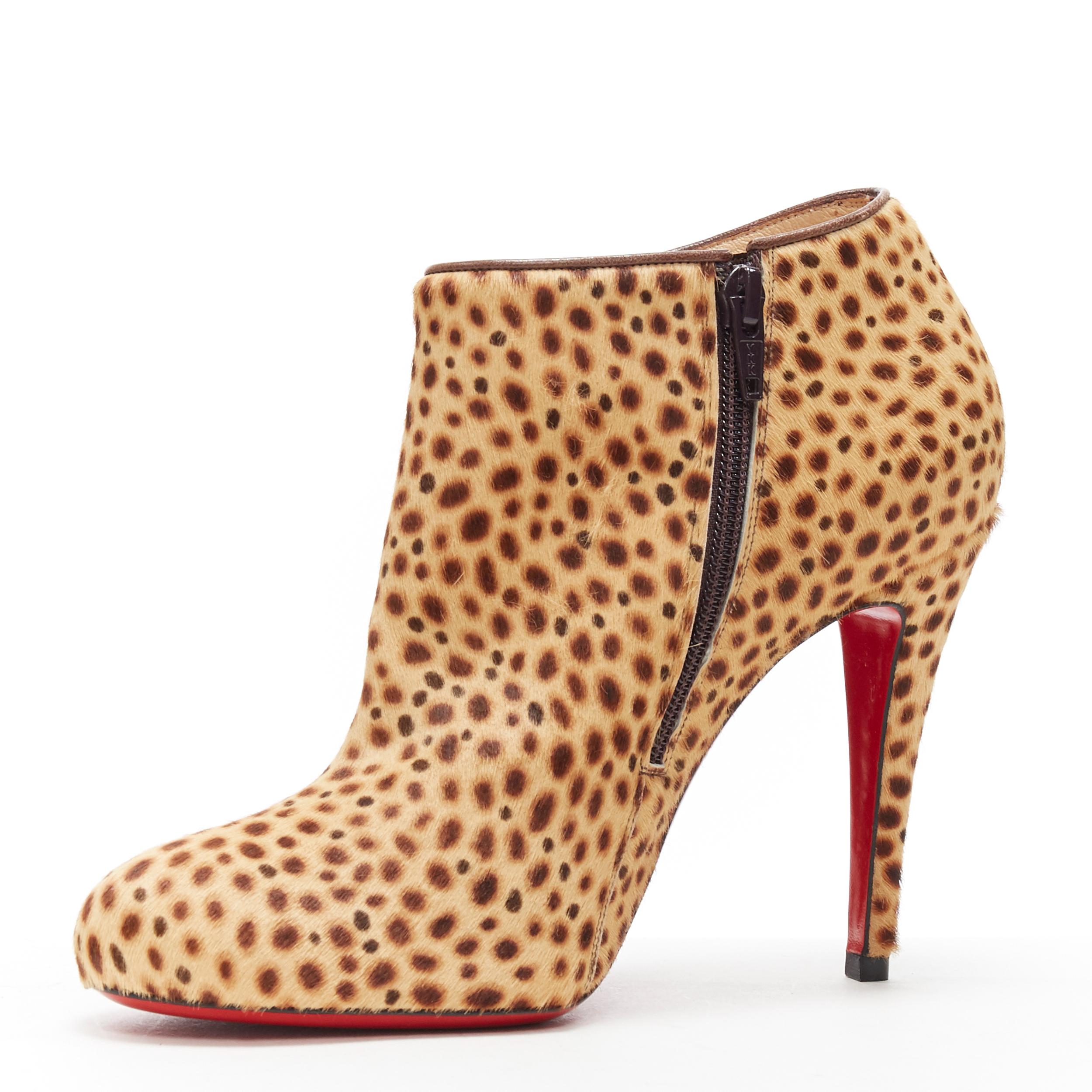 Beige CHRISTIAN LOUBOUTIN brown cheetah spot print round toe heeled ankle bootie EU38