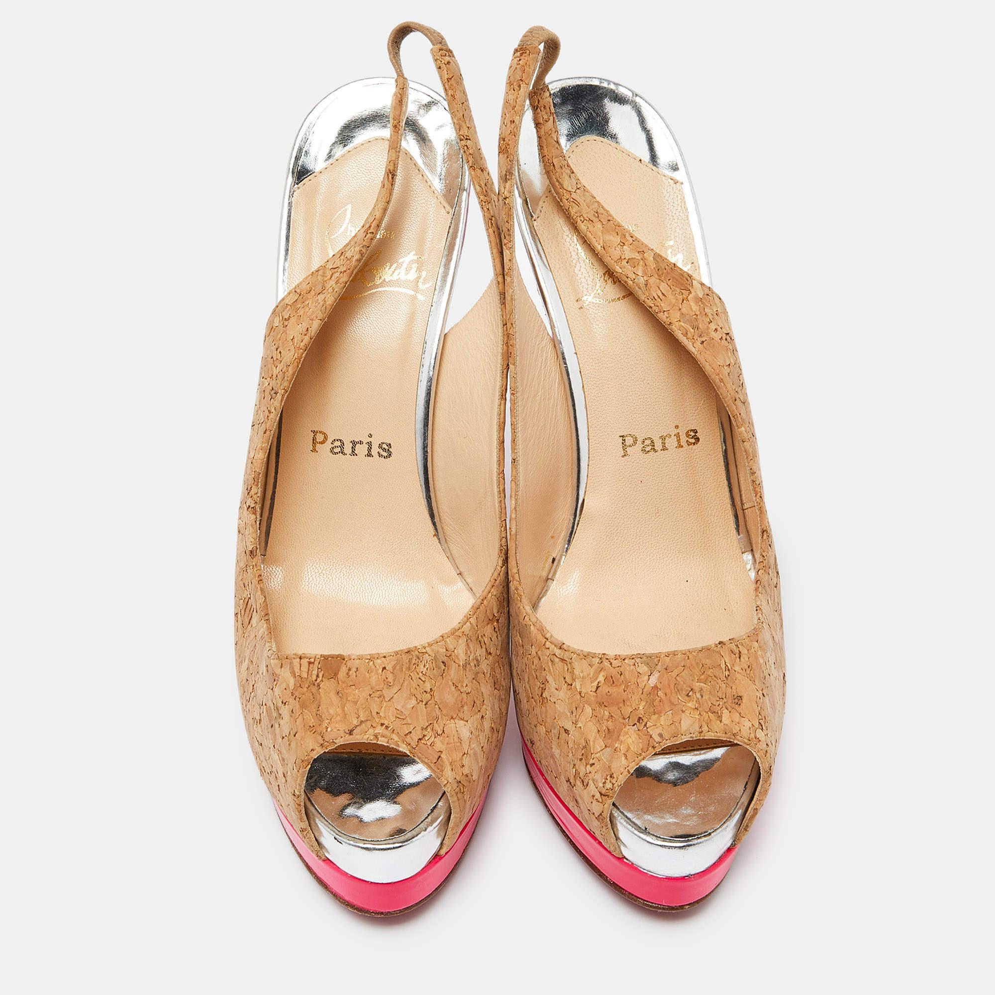 Christian Louboutin Brown Cork Catenita Platform Sligback Pumps Size 38.5 In Good Condition In Dubai, Al Qouz 2