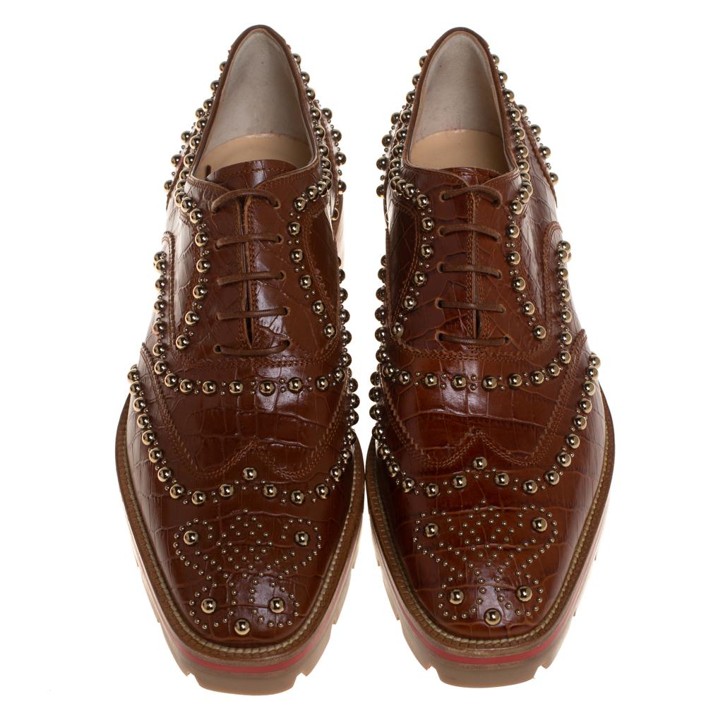 Christian Louboutin Brown Croc Embossed Leather Crapadonna Oxfords Size 37 In Good Condition In Dubai, Al Qouz 2