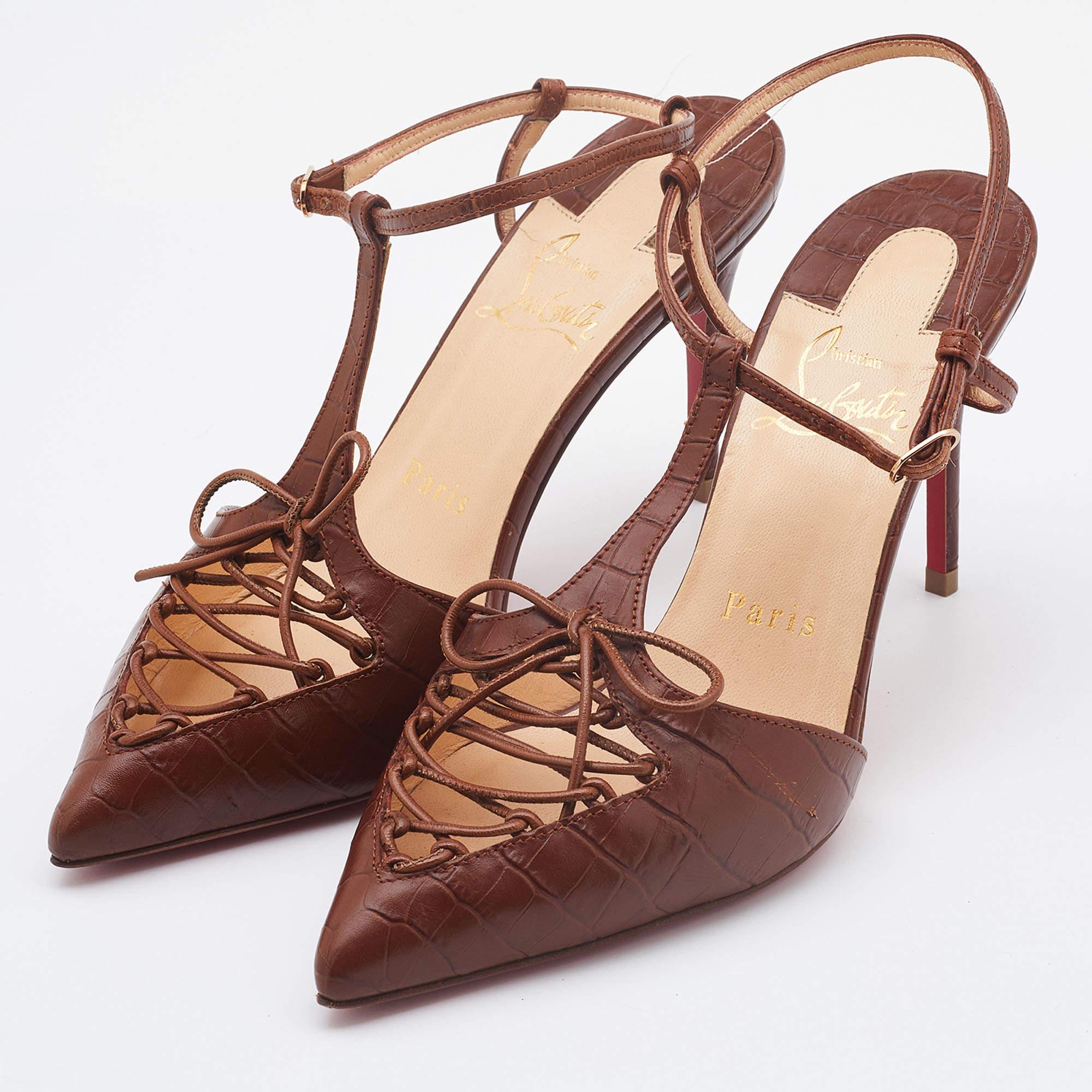 Christian Louboutin Brown Croc Embossed Leather Crococuty Ankle-Strap Pumps Size In Good Condition In Dubai, Al Qouz 2