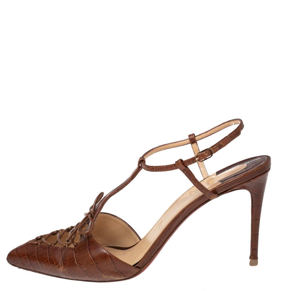 Christian Louboutin Brown Croc Embossed Leather Crococuty Ankle-Strap Pumps Size For Sale 3