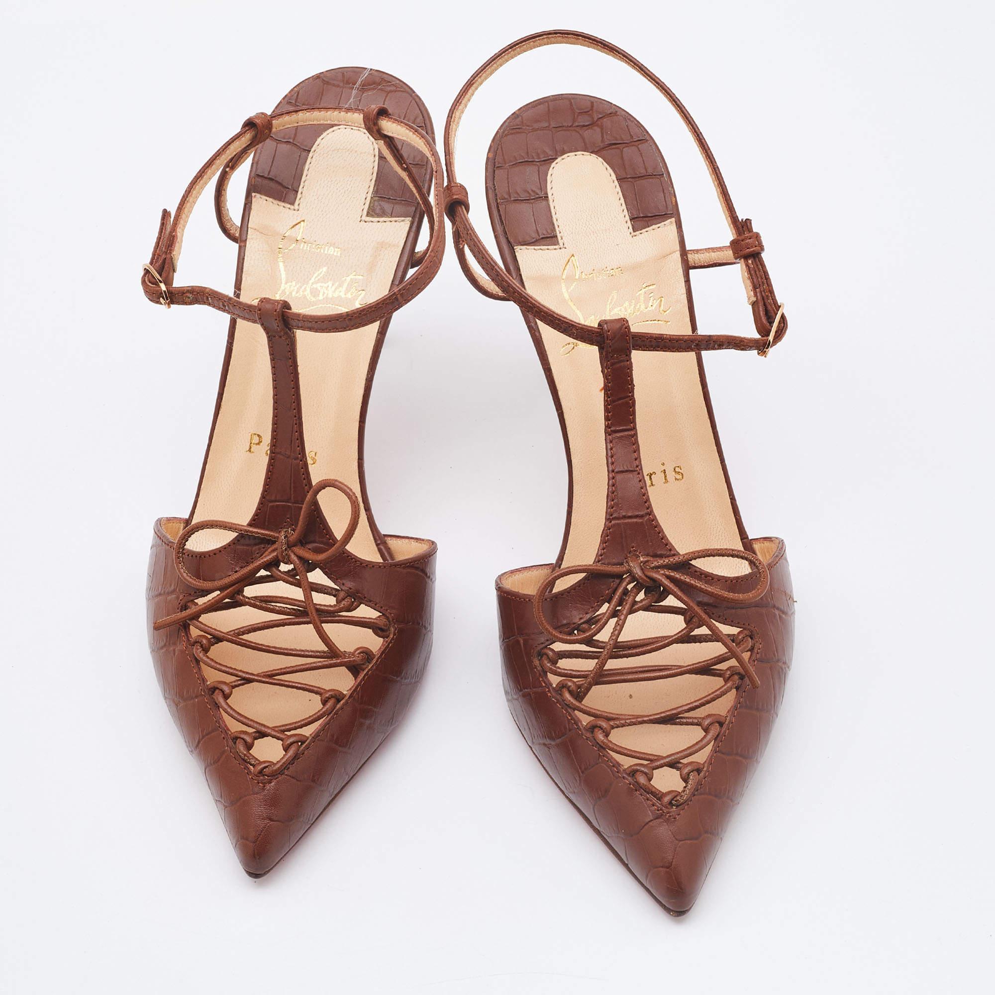 Christian Louboutin Brown Croc Embossed Leather Crococuty Ankle-Strap Pumps Size For Sale 4