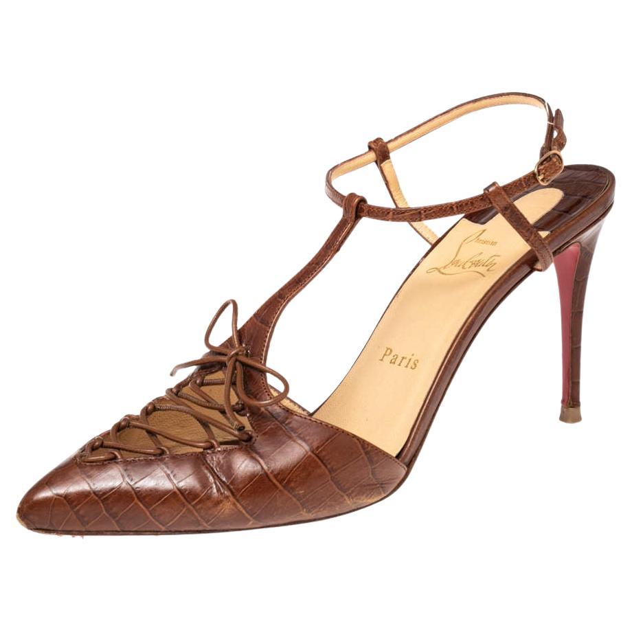 Christian Louboutin Brown Croc Embossed Leather Crococuty Ankle-Strap Pumps Size For Sale