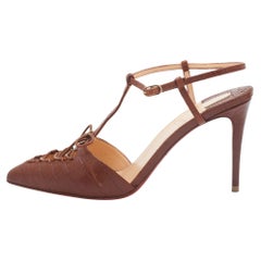 Christian Louboutin Brown Croc Embossed Leather Crococuty Ankle-Strap Pumps Size