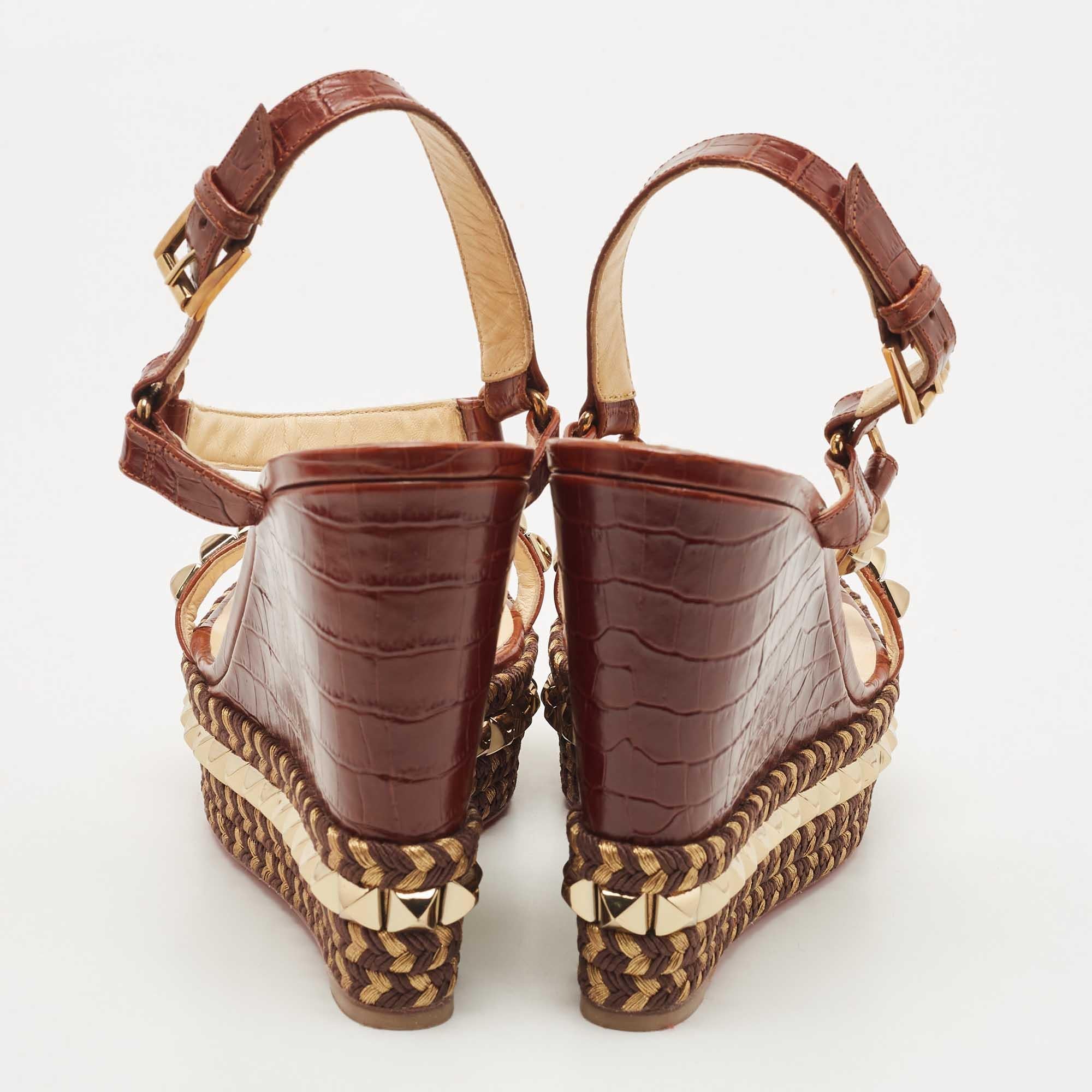 Christian Louboutin Brown Croc Embossed Leather Pyraclou Wedge Sandals Size 41 1