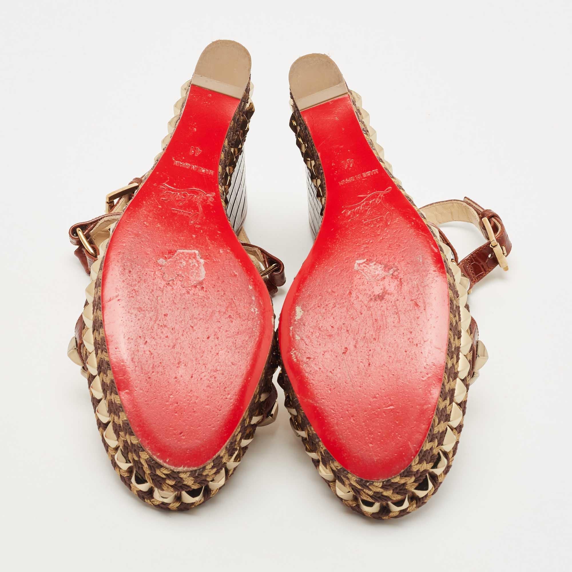 Christian Louboutin Brown Croc Embossed Leather Pyraclou Wedge Sandals Size 41 2