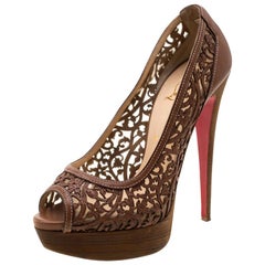 Christian Louboutin Brown Floral Laser Cut Leather Pampas Platform Pumps Size 39