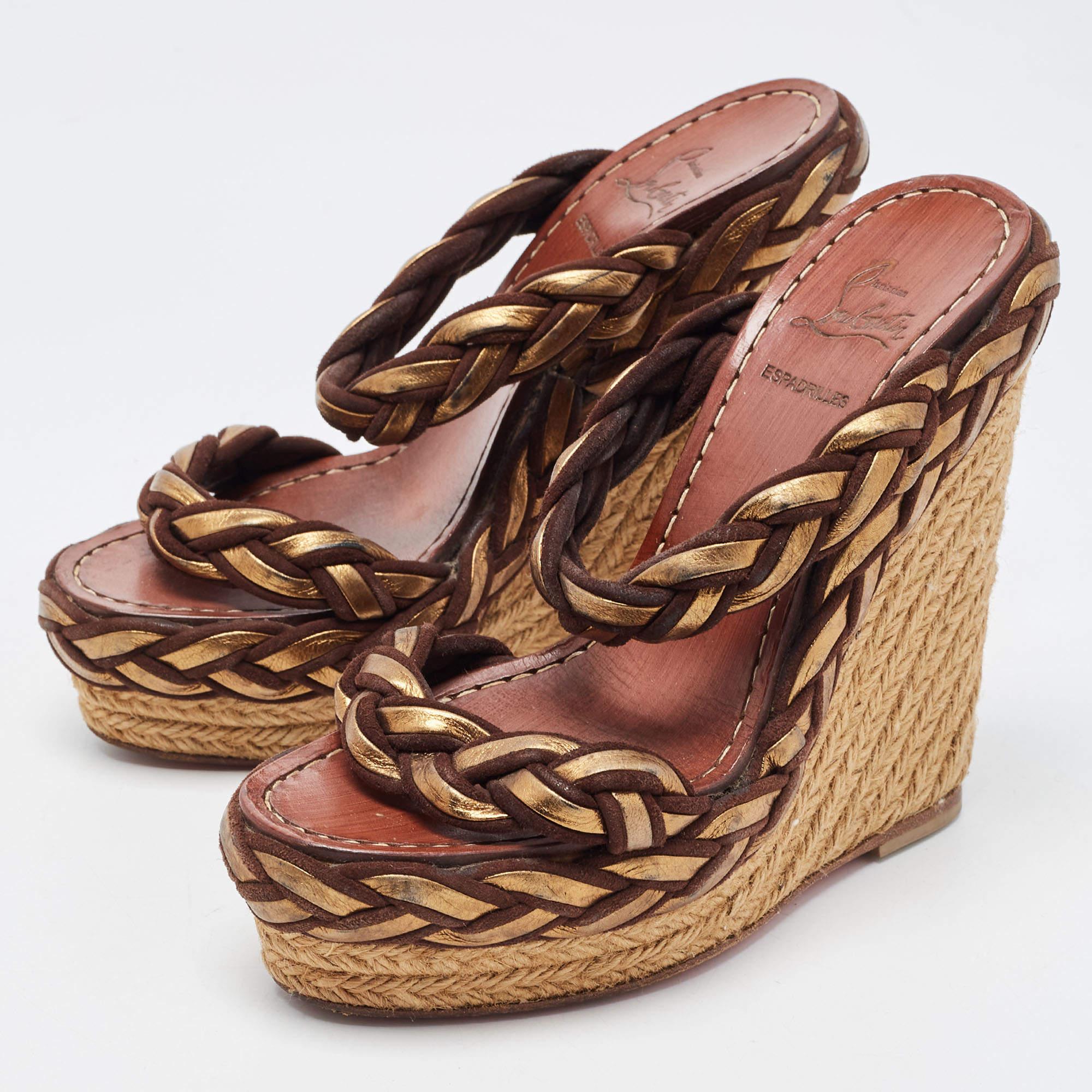 Women's Christian Louboutin Brown/Gold Braided Leather and Suede Espadrille Wedge Sandal