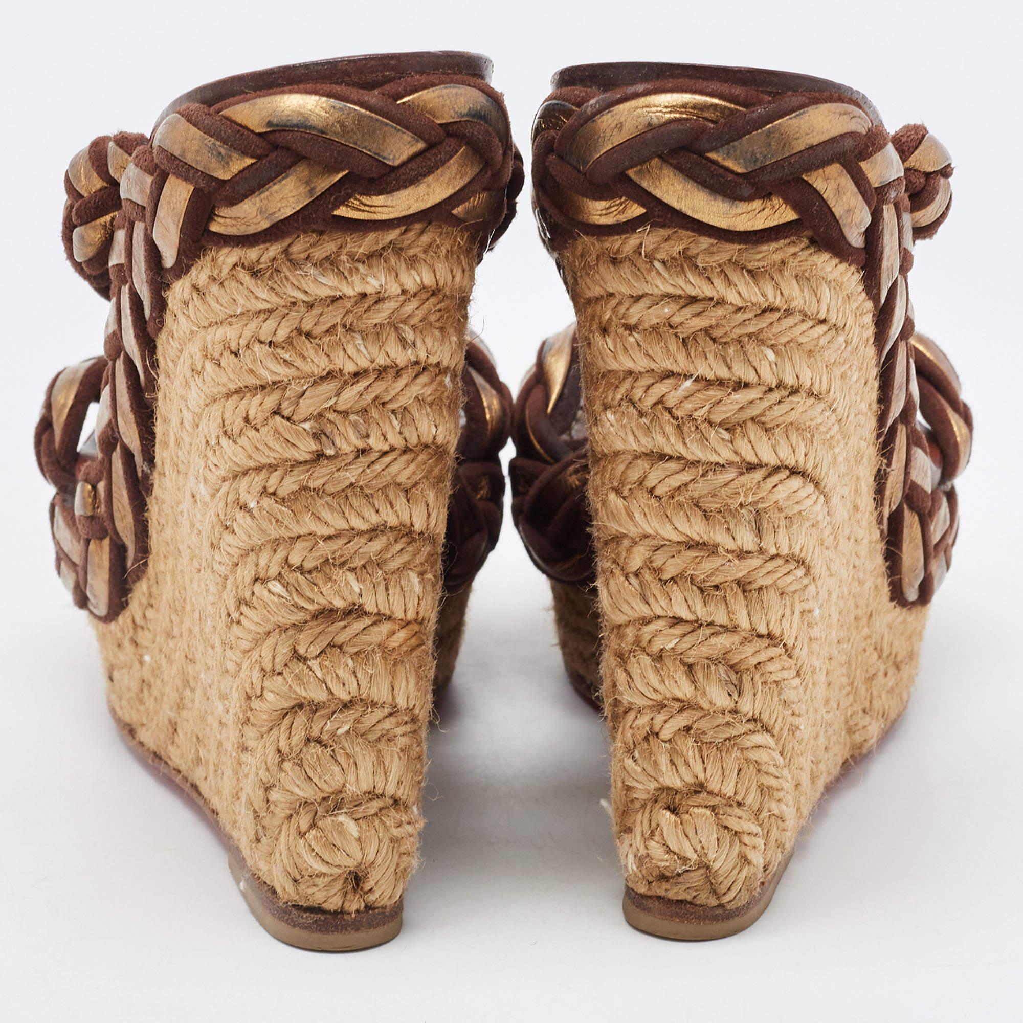 Christian Louboutin Brown/Gold Braided Leather and Suede Espadrille Wedge Sandal 3