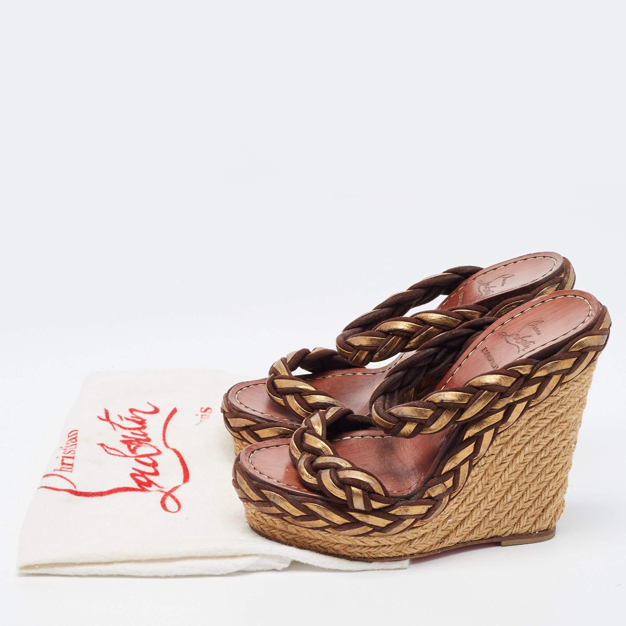 Christian Louboutin Brown/Gold Braided Leather and Suede Espadrille Wedge Sandal 5