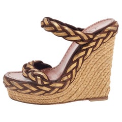 Christian Louboutin Brown/Gold Braided Leather and Suede Espadrille Wedge Sandal