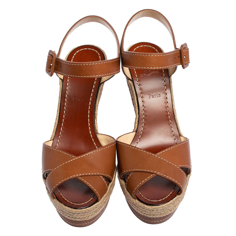 Christian Louboutin Brown Leather Almeria Wedge Sandals Size 38 In New Condition In Dubai, Al Qouz 2