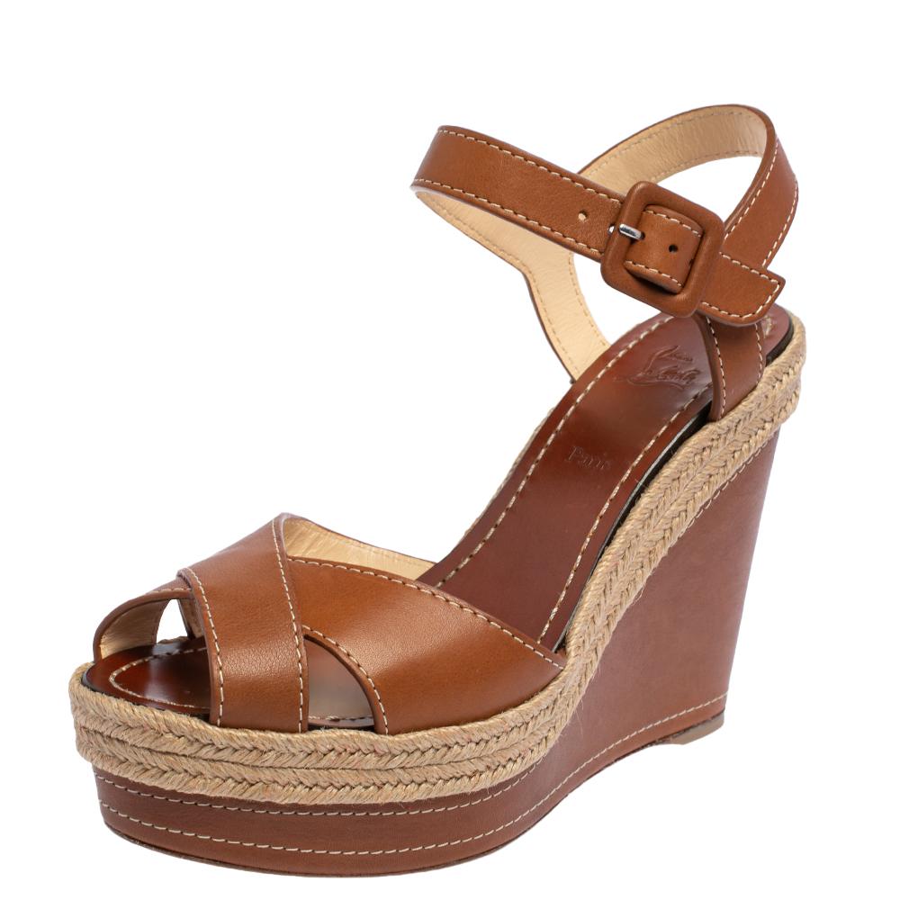 Christian Louboutin Brown Leather Almeria Wedge Sandals Size 38