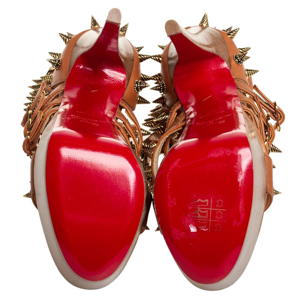 Women's Christian Louboutin Brown Leather Botticellita Spiked Platform Sandals Size 36
