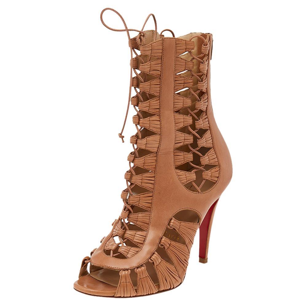 Christian Louboutin Brown Leather Cage Ankle Boots Size 37.5