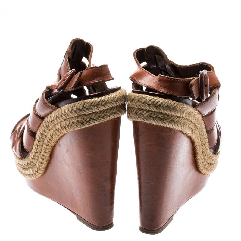 Christian Louboutin Brown Leather Caged Espadrille Wedge Sandals Size 37 In Good Condition In Dubai, Al Qouz 2