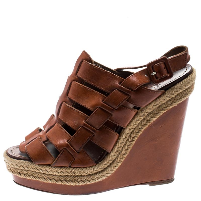 Christian Louboutin Brown Leather Caged Espadrille Wedge Sandals Size 37 2