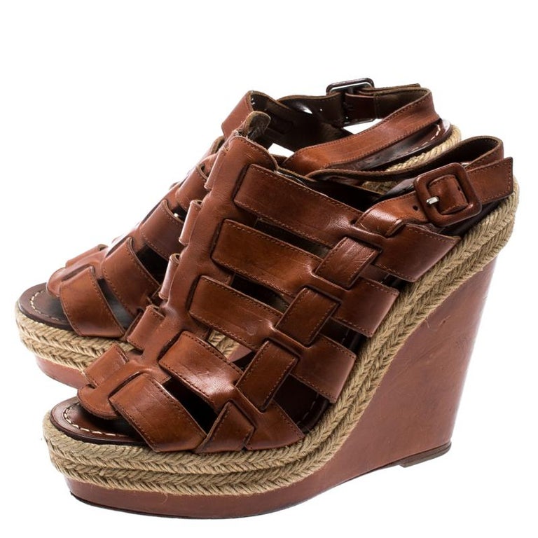Christian Louboutin Brown Leather Caged Espadrille Wedge Sandals Size 37 For Sale at 1stdibs