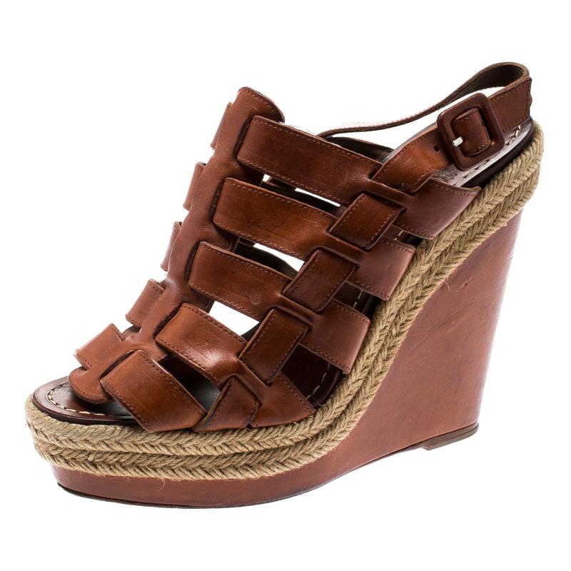 Christian Louboutin Brown Leather Caged Espadrille Wedge Sandals Size 37