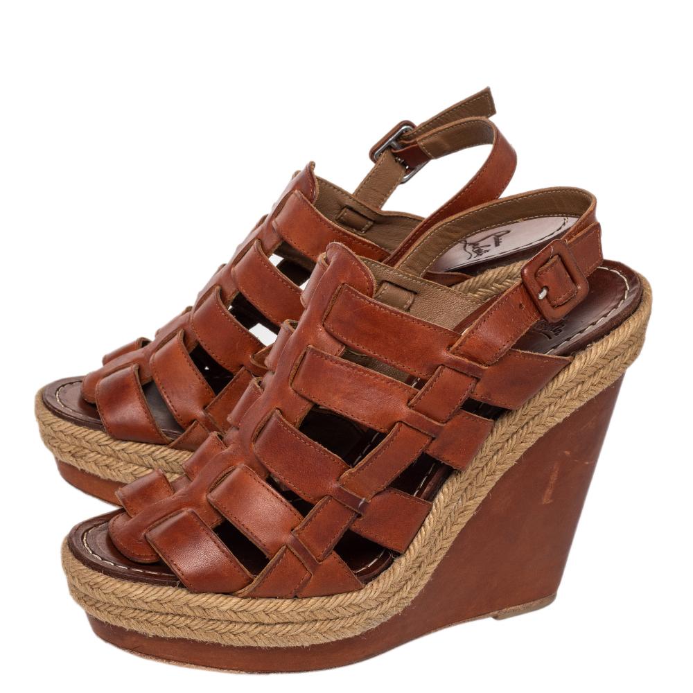 Women's Christian Louboutin Brown Leather Caged Espadrille Wedge Sandals Size 39