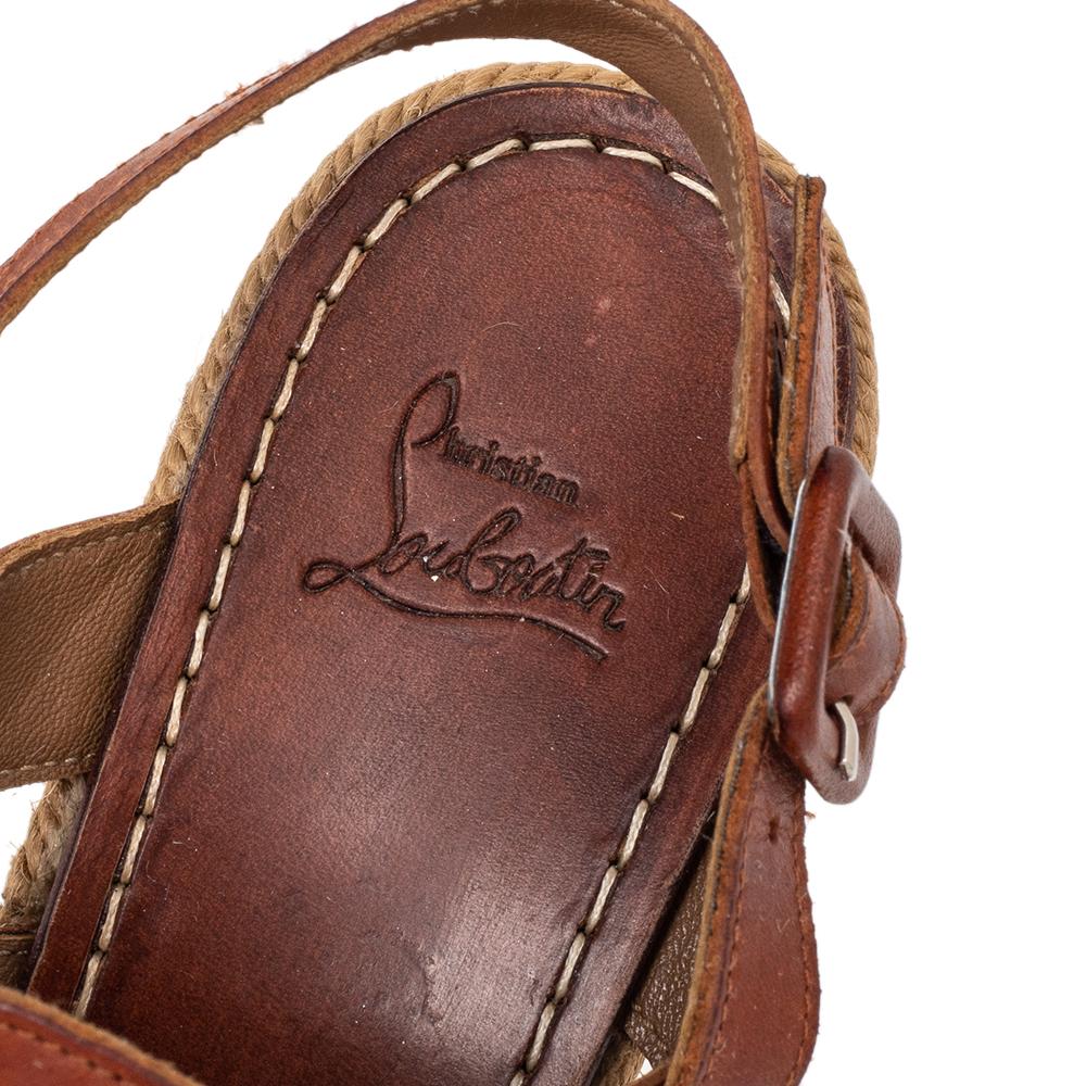 Christian Louboutin Brown Leather Caged Espadrille Wedge Sandals Size 39 In Good Condition In Dubai, Al Qouz 2