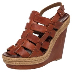 Christian Louboutin Brown Leather Caged Espadrille Wedge Sandals Size 39
