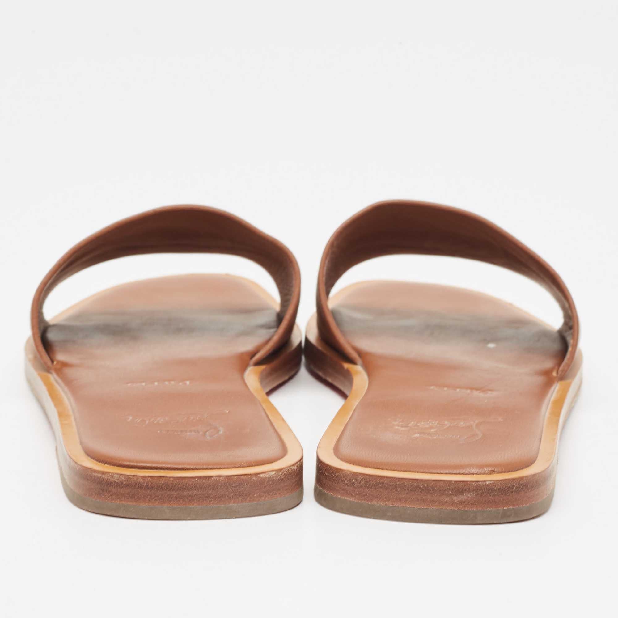 Christian Louboutin Brown Leather Cl Flat Slides Size 39.5 For Sale 3