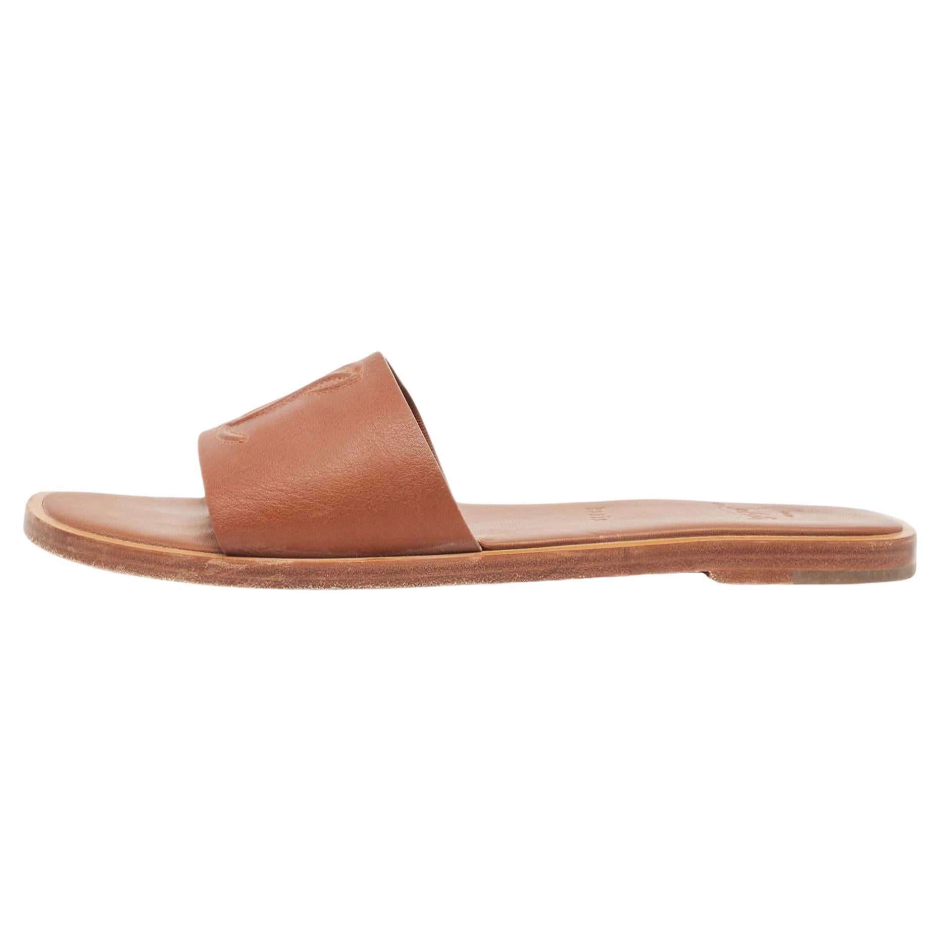 Christian Louboutin Brown Leather Cl Flat Slides Size 39.5 For Sale