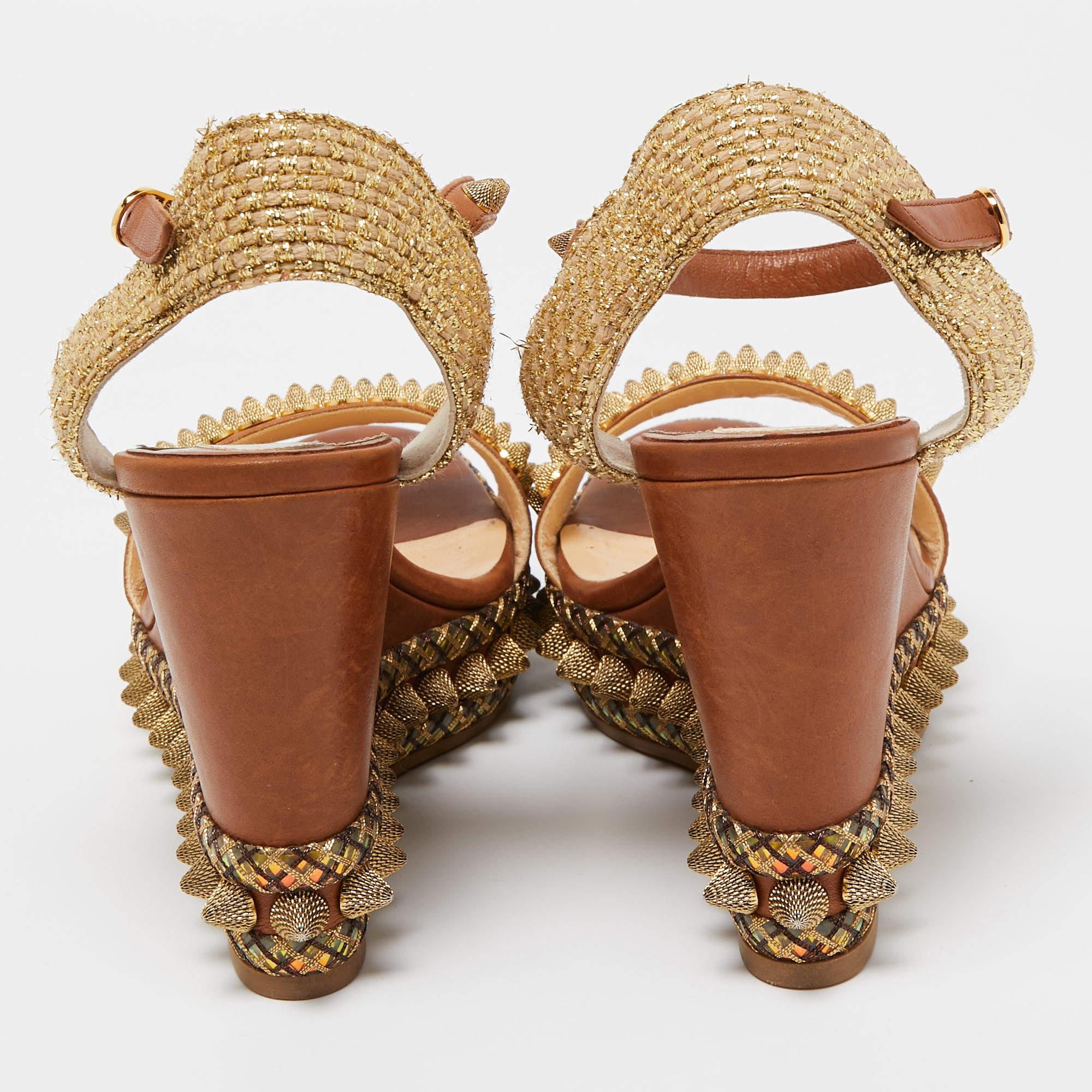 Christian Louboutin Brown Leather Cordorella Wedge Sandals Size 37 In Good Condition In Dubai, Al Qouz 2