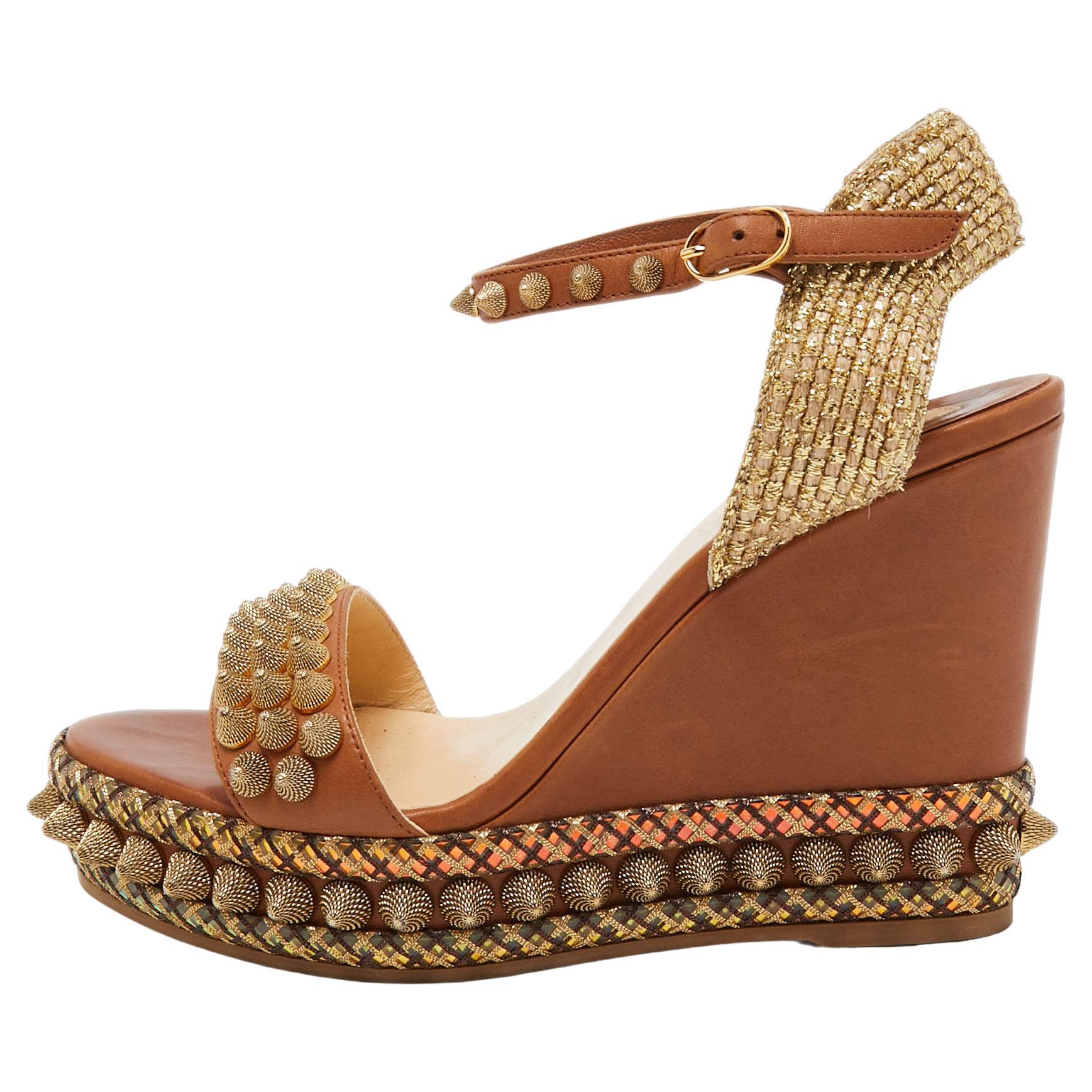 Christian Louboutin Brown Leather Cordorella Wedge Sandals Size 37 For Sale
